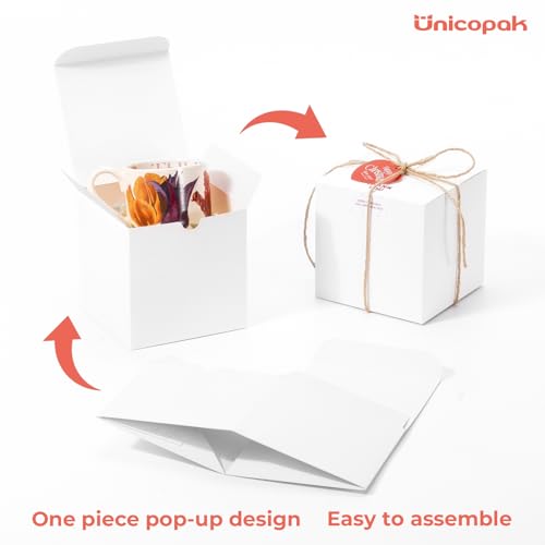 UnicoPak 10 Pack 5x5x5 Gift Boxes, Sturdy Small White Gift Boxes for Presents, Ornaments, Candles, Mugs, Easy Pop-up Assem...