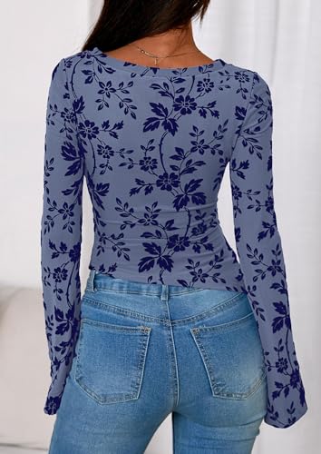 PRETTYGARDEN Women Long Sleeve Floral Mesh Tops Blouse 2026 Fall Trendy Boat Neck Ruched Spring Shirt Going Out Date Outfits