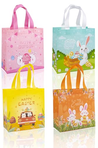 Jaywayang 4Pack Happy Easter Gift Bags, Easter Non-woven Bags with Handle for Kids, Reusable Goodie Bags, Rabbit Bunny Tre...