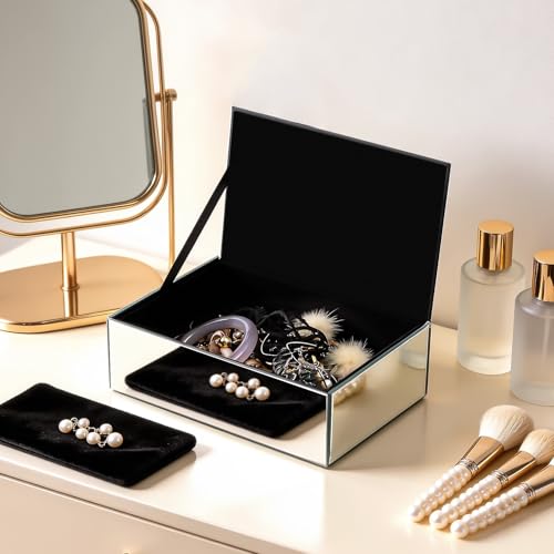 Poayewly Luxury Mirrored Jewelry Box with Crushed Diamond - Glass Jewelry Box Organizer Storage Ring Holder Case for Women