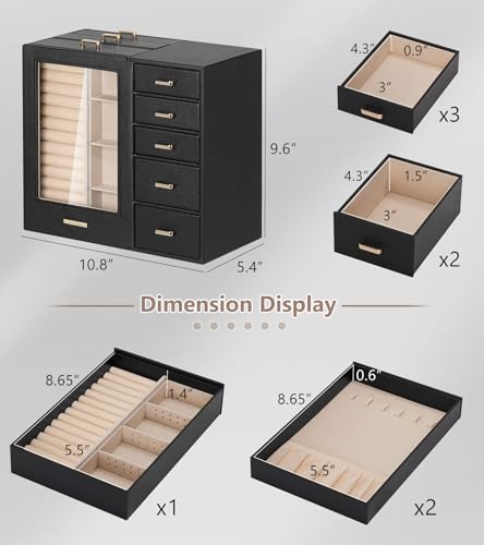 Homde Large Jewelry Box/Organizer/Case with Glass Window, Drawers for Necklaces Earrings Rings Bracelets Watches Gift for ...