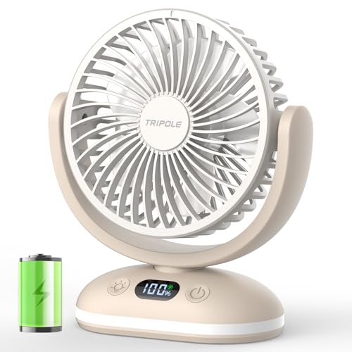 TriPole Desk Fan Small Quiet Rechargeable Portable Fan for Travel with Smart Display & LED Light, 31H Runtime, 4 Speeds Mi...