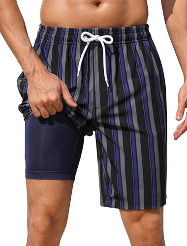 SILKWORLD Mens Swim Trunks with Compression Liner 2 in 1 Quick Dry Bathing Suit No-Chafing Beach Shorts with Zipper Pockets
