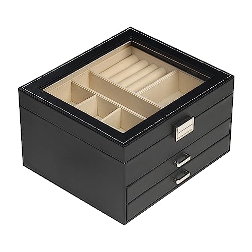 BOOVO Clear Lid Jewelry Box,3 Layers Jewelry Organizer Large Multi-Functional Jewelry Storage Box with 2 Drawers,Jewelry D...