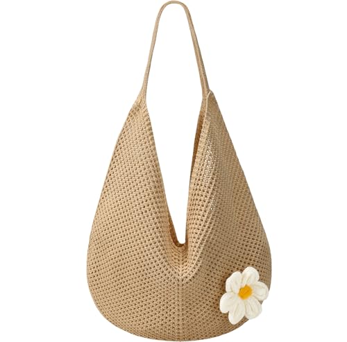 Premillow Crochet Beach Bags for Women, Summer Beach Tote Bag, Mesh Cute Beach Purse, Aesthetic Knit Bag Handbag Shoulder Bag