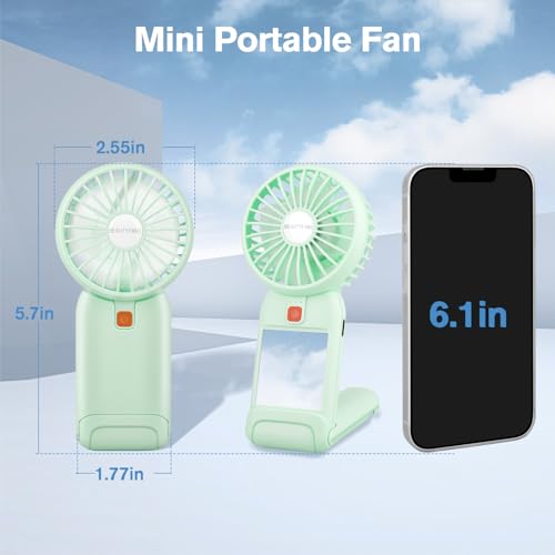 Verminget Portable Handheld Fan, 2026 Upgrade Mini Fan with Mirror, USB Rechargeable Desk Fan, 4 Speed Adjustable Battery ...
