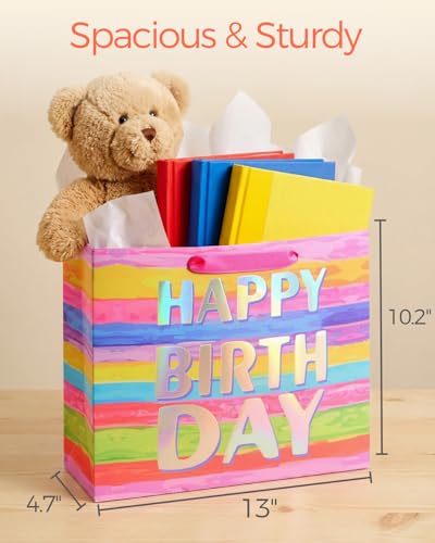 SUNCOLOR Large Happy Birthday Gift Bag with Tissue Paper & Card, 13 x 10.2 x 4.7 Inches Premium Paper Bag for Birthday, Ki...