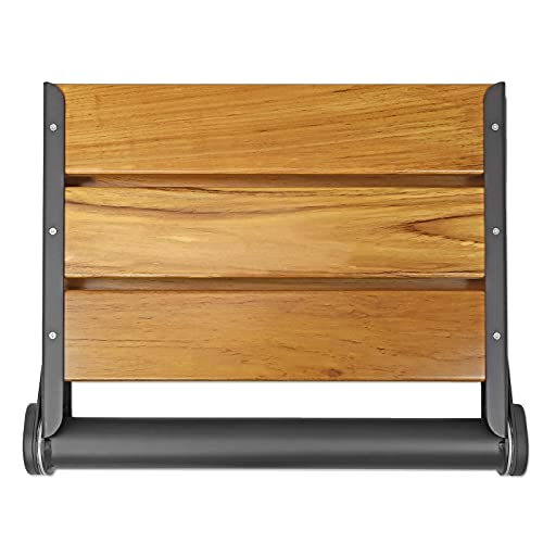 Home Aesthetics 18" ADA Compliant Wall-Mounted Folding Serena Teak Wood Shower Bench Seat with Matte Black Frame, Clear Co...