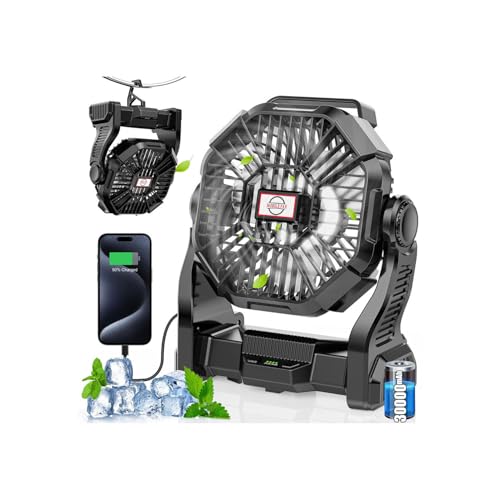 30000mAh Rechargeable Camping Fan with LED Lantern,Portable Battery Powered Outdoor Fan for Bedroom,Camping,Travel,Hiking,...