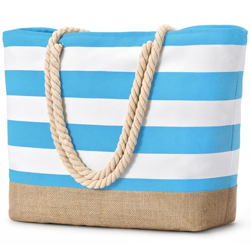 Becokan Beach Bags for Women Large Canvas Beach Tote Bag Beach Bags Waterproof Sandproof Swim Pool Bag Travel Essentials