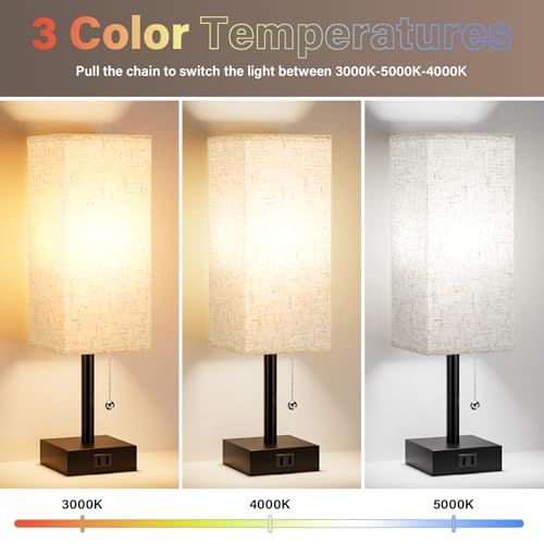 Bedside Table Lamps for Bedroom Set of 2 - Small Rectangular Nightstand Lamp with AC Outlet Charging Port, 3 Color Tempera...
