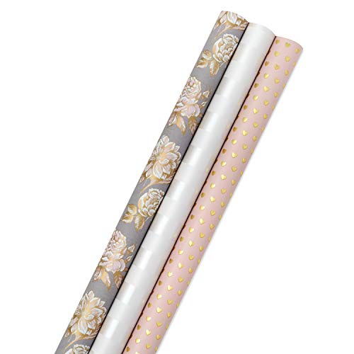 Hallmark Wedding Wrapping Paper Rolls - Gold Hearts, Rose Flowers, White Stripes Gift Wrap Paper (Set of 3 Rolls: 85 sq. f...