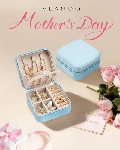 VLANDO Mothers Day Mom Gifts - Travel Jewelry Case, Small Travel Jewelry Organizer Box for Girls Women - Blue