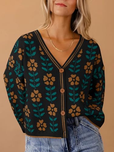 Saodimallsu Womens Floral Print V Neck Cardigan Open Front Button Down Knit Sweater Long Sleeve Loose Fashion Tops