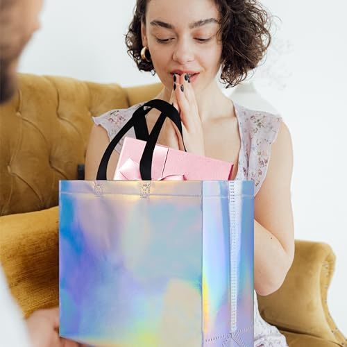 cabzymx Glossy Iridescent Gift Bags 15 Pcs, 12.6x4.7x11 In Reusable Goodie Bags Bulk with Handles & Sturdy Base, Christmas...