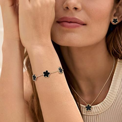 Gold Necklaces Bracelets Earring Set - 18K Gold Plated Flower Bracelet Chain,Stainless Steel Non Tarnish Floral Pendant St...