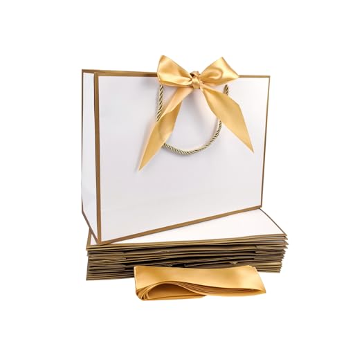 TKSBAG 12PCS Gift Bags Medium Size with Handles, 12.5 x 9.8 x 4.3 In White Gold Thank You Bags with Bow Ribbon for Weddin...