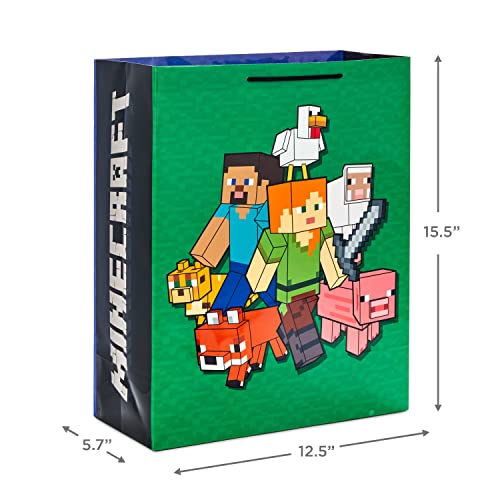 Hallmark Minecraft Gift Bag Bundle (2 Bags: 13" Large Blue Bag, 15" Extra Large Green) for Birthdays, Christmas, Valentin...