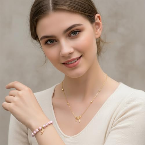 AUSGER Flower Beads Bow Charm Bracelet Necklace Set for Women, 14K Gold Beaded Gold Bow Bracelet Handmade Stretch Dainty R...