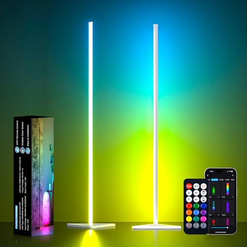 MIHEAL 2PCS Corner Floor Lamp, Synced Lights LED Control Floor Lamp RGB Light 56" Smart LED Corner Lamp App and Remote for...