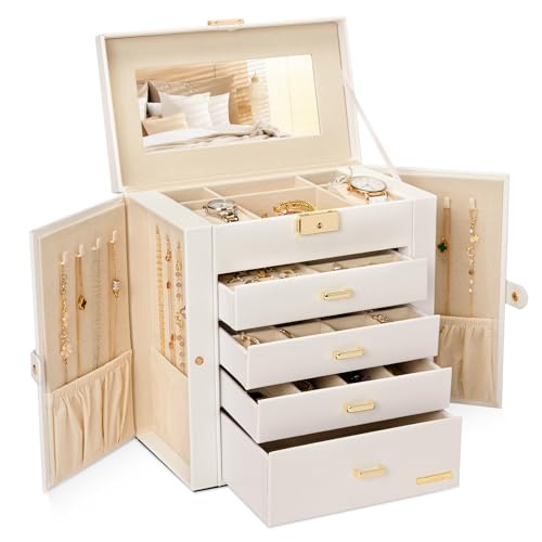 Homde Synthetic Leather Huge Jewelry Box Mirrored Watch Organizer Necklace Ring Earring Storage Lockable Gift Case (White...