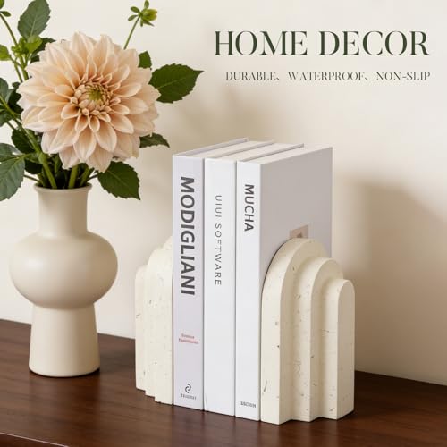 Havmorph Book Ends for Heavy Books, Beige Modern Pleasing Layered Arch Design Aesthetic Bookend Decorative, Concrete Book ...