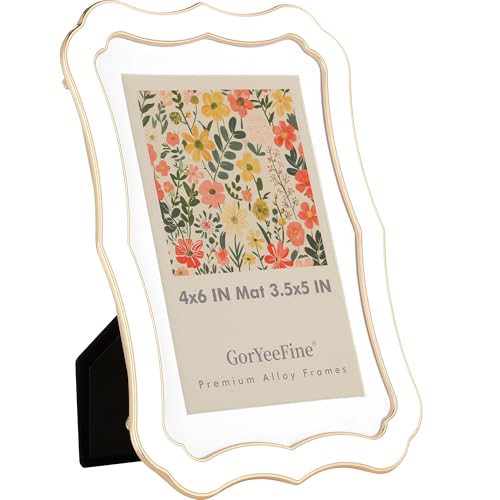 GorYeeFine High End Zinc Alloy 4x6'' White Photo Frame,Classic Vintage Scalloped Design with Enamel Finish & 3.5x5'' Premi...