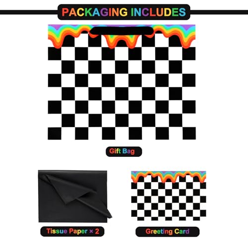 ASYEHJNR 13" Large Size Checkered Rainbow Gift Bag Black and White Plaid Gift Bag with Greeting Card and Tissue Paper for ...