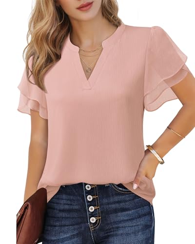 Lotusmile Womens Dressy Chiffon Blouses Summer Puff Petal Short Sleeve Shirts V Neck Casual Work Tops