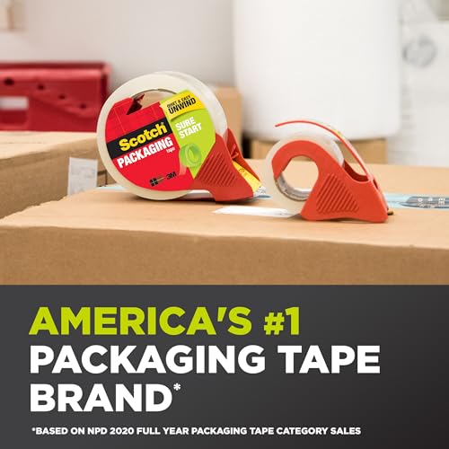 Scotch Sure Start Packing Tape, Clear, Quiet Unwind and Easy Start, 1.88 in. x 22.2 yd., 6 Tape Rolls with Dispensers