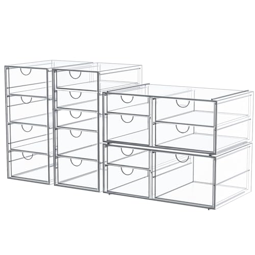 caktraie Makeup Organizer Storage with 16 Drawers, 4 Pcs Desktop Office Supplies, Desk Organizers, Clear Accessories, Dust...