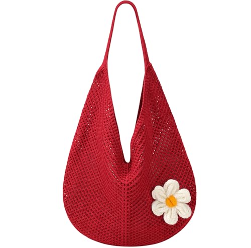 Premillow Crochet Beach Bags for Women, Summer Beach Tote Bag, Mesh Cute Beach Purse, Aesthetic Knit Bag Handbag Shoulder Bag