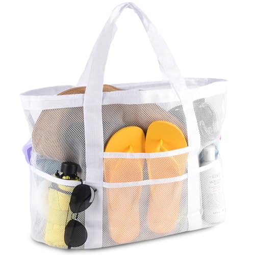 CaCTOUR Mesh Beach Bag,Large Beach Bags for Women with 8 Pockets,Packable Tote Bag for Beach Cruise Pool Vacation Essentials