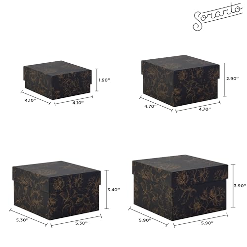 Sorarto Square Gift Boxes with Lids 4pc Set | Black Gold Floral Nesting Gift Boxes for Presents Birthday Wedding Bridesmai...