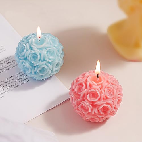 Rose Ball Shaped Aesthetic Scented Candle,380G Handmade Spherical Rose Flower Soy Wax Aroma Art Decorative Candle for Tabl...