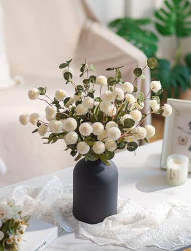 BLOSMON Fake Flowers in Vase for Centerpieces: Metal Vase with 12 Stems of Artificial Mums Kiku Flowers Eucalyptuses Dinin...