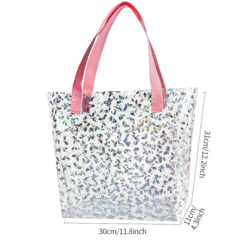 TotePrint Holographic Clear Tote Bag, Waterproof Beach Bag with Pink Handles, Large 11.8"x12.2"x4.3", TSA Compliant | Holo...