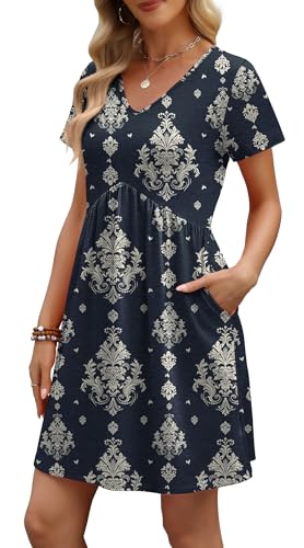 WIHOLL Dresses for Women 2026 Casual Summer V Neck Babydoll Dress Short Sleeve Fashion Beach Vacation Clothes