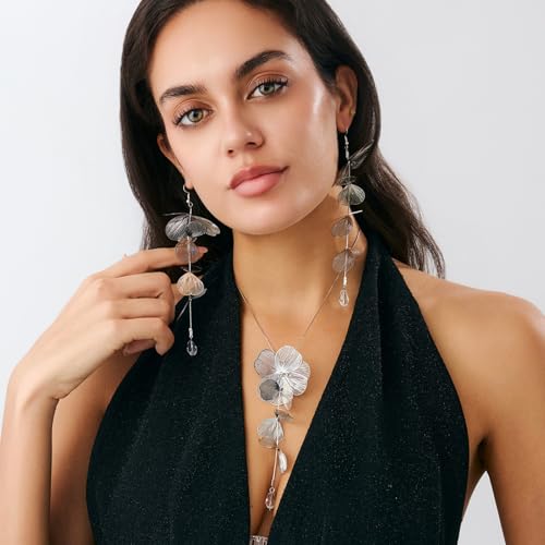 WCRAZYE Gold Flower Statement Floral Necklace Earring Sets for Women Fashion Petal Statement Necklace 14K Gold Plated Larg...