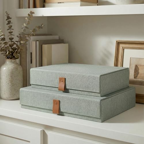 ZICOTO Decorative Photo Storage Boxes with Lids - Set of 2 Beautiful Linen Organizers Are Perfect to Safely Store Your Pic...