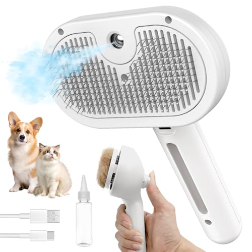 HeroKitty Dog Brush for Shedding, 3 in 1 Self Cleaning Steam Dog Brush - Anti-Static,Cat Steam Brush Removal Comb with Rel...