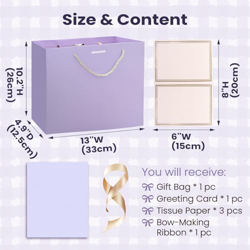 PrintGuru 13” Large Purple Gift Bag with Handles, Birthday Gift Bag with Tissue Paper and Greeting Card, Birthday Bag for ...