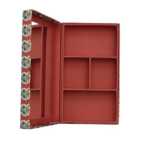 Fabric Covered Jewelry Box with Floral Pattern and Interior Mirror, Multicolor