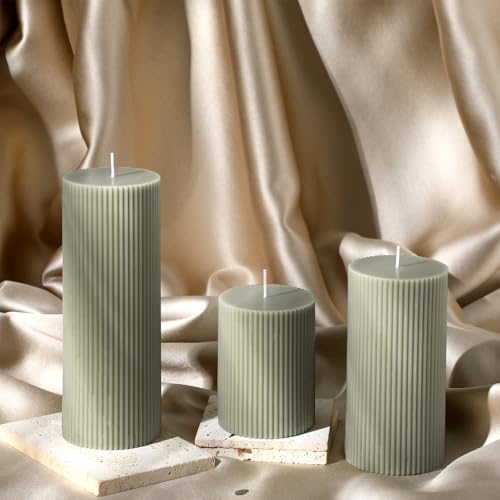 Conelist Ribbed Pillar Candles Set of 3, Width 3" High 4" 6" 8" Large Soy Wax Orchids Scented Pillar Candles Aesthetic Rib...