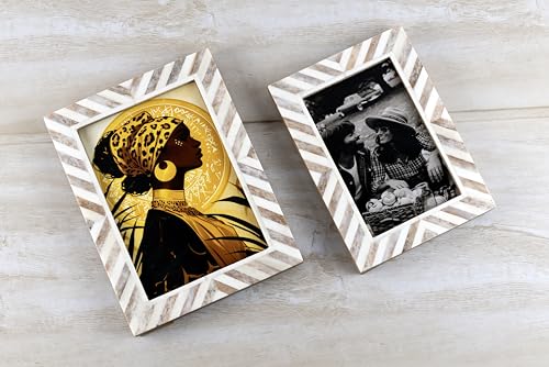 Lahumzco 4x6 Handmade Chevron Picture Frame – Brown & White Bone Inlay Design | Rustic Photo Frame for Tabletop & Wall, De...