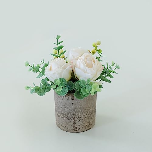 Rosscer Small Artificial Burnt White Rose Potted Plant, 6" Fake Silk Flowers in 3" Cylindrical Pot, Mini Faux Floral Arran...
