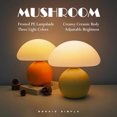 kvppvt Cute Small Mushroom Lamp, PE Lampshade, Ceramic Base, Adjustable Light Color and Brightness with Power-Off Memory, ...