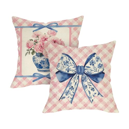 Fjfz Pink Rose Flower Bow Decorative Throw Pillow Covers 18 x 18 Set of 2, Chinoiserie Blue and White Porcelain Floral Coq...