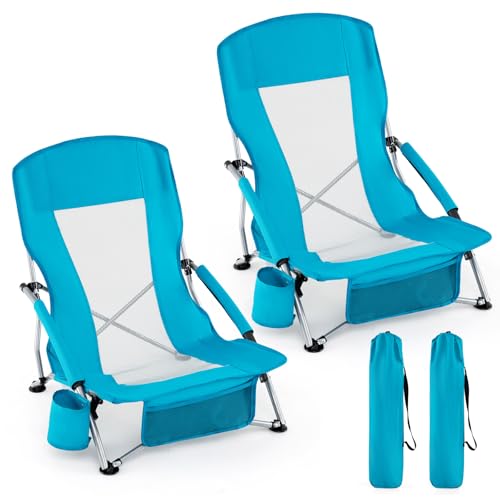 Giantex 2 Pack Folding Beach Chairs for Adults, Portable Lightweight Camping Chairs w/Padded Armrests, Cup Holders & Stora...