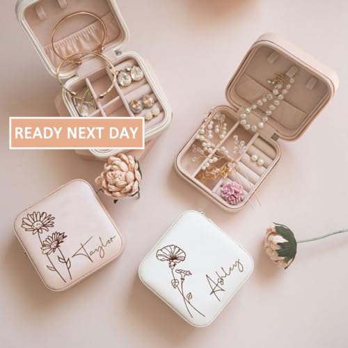 DayOfShe Personalized Travel Jewelry Box with Name and Birth Flower Mothers Day Mom Gifts,Personalized Bridesmaid Gifts fo...
